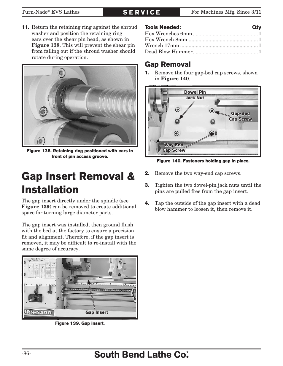 Gap insert removal & installation, Gap removal | Southbend Turn-Nado EVS w/DRO SB1042PF User Manual | Page 88 / 140