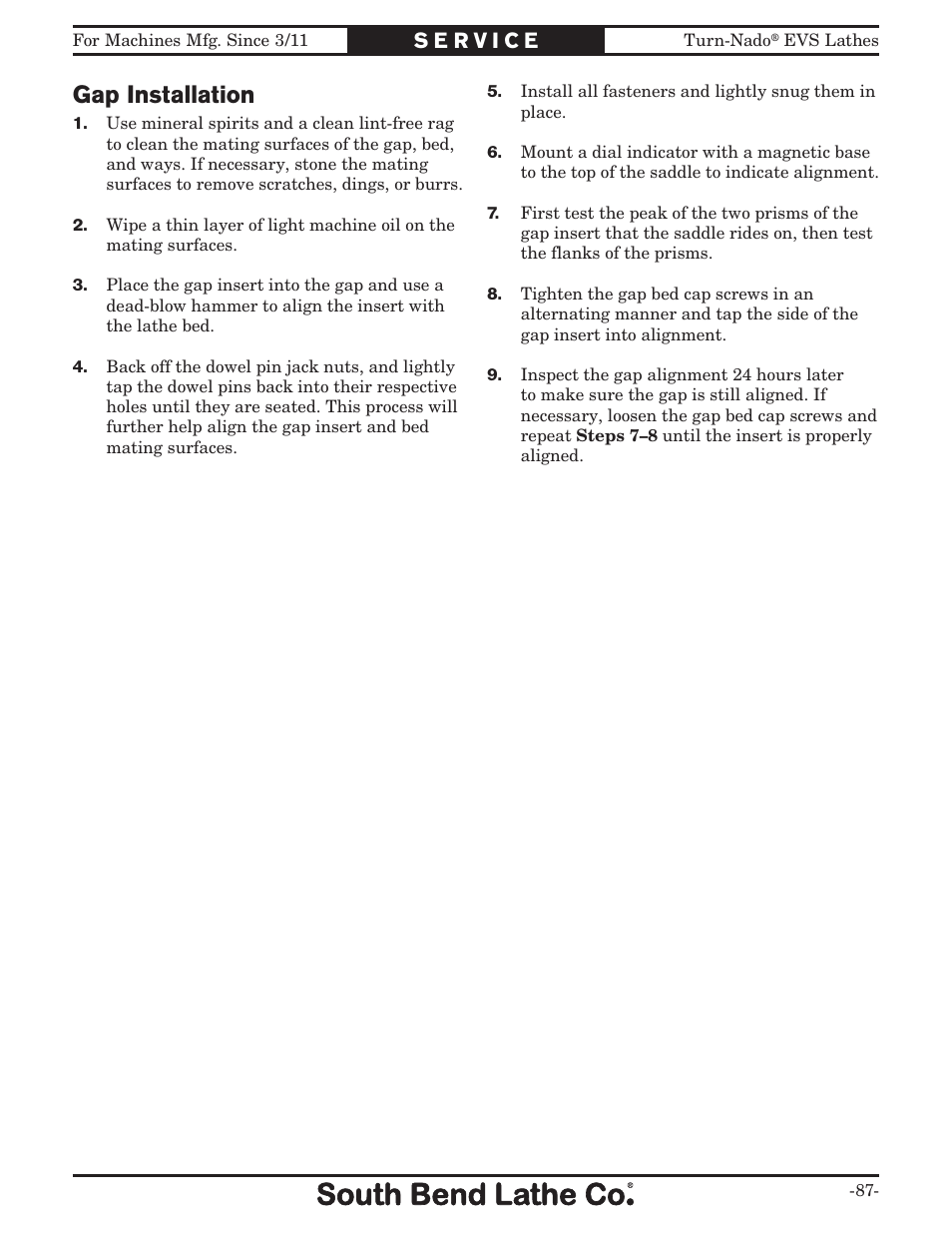 Gap installation | Southbend Turn-Nado EVS w/DRO SB1042PF User Manual | Page 89 / 140