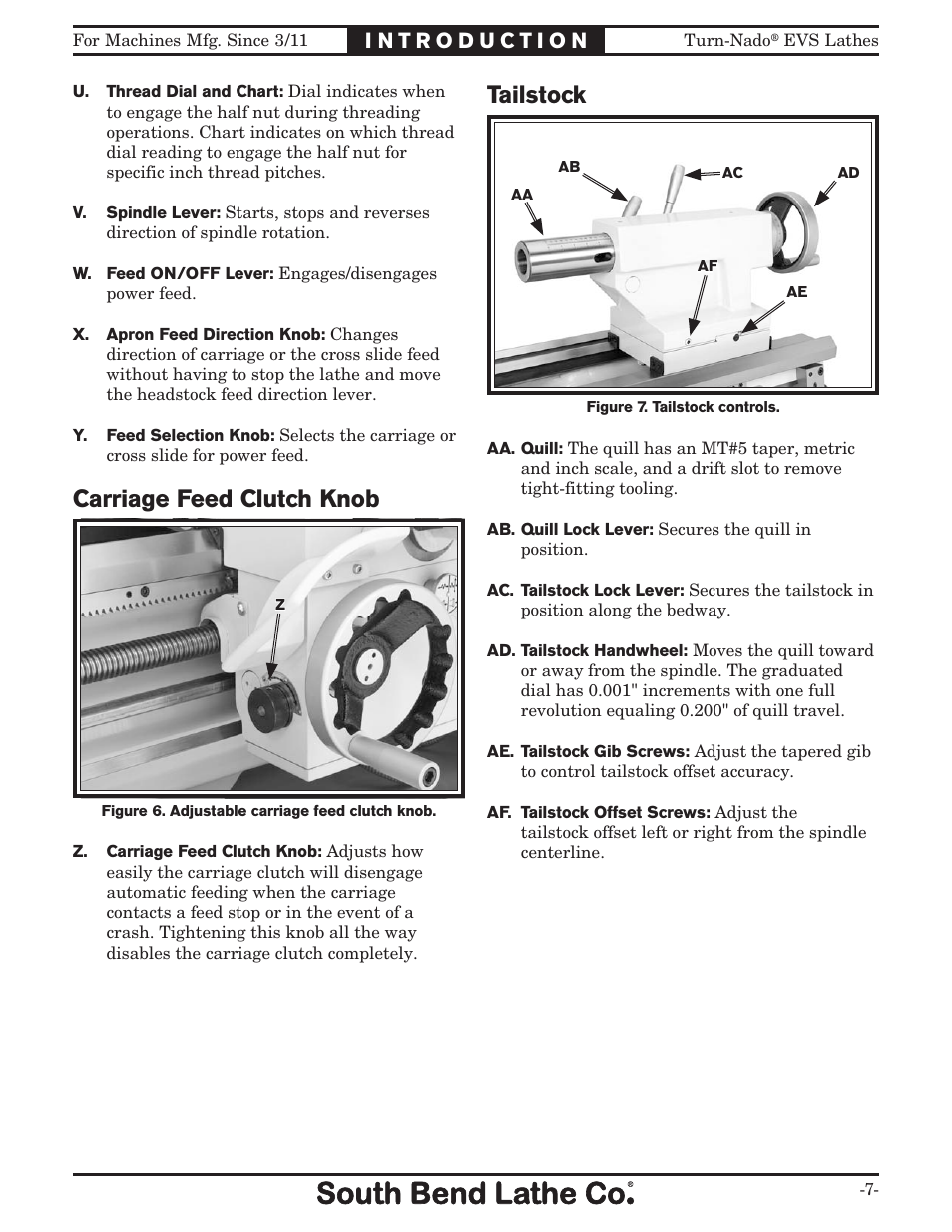 Carriage feed clutch knob, Tailstock | Southbend Turn-Nado EVS w/DRO SB1042PF User Manual | Page 9 / 140