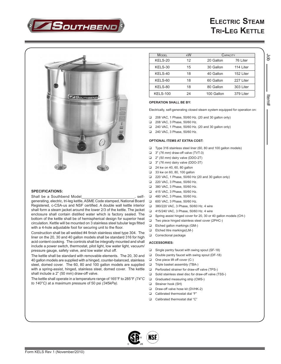 Southbend KELS-80 User Manual | 2 pages