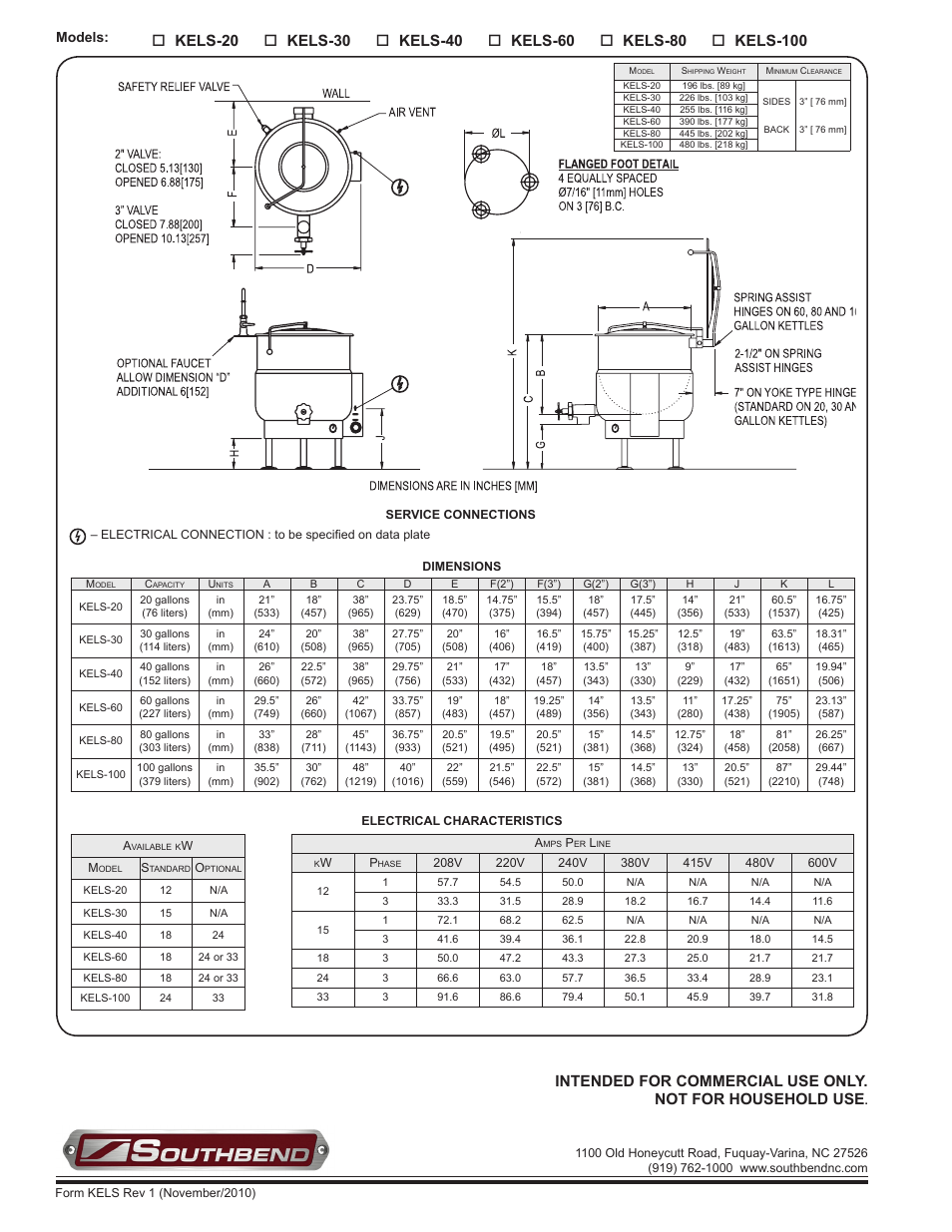 Kels-20, Kels-30, Kels-40 | Kels-60, Kels-80, Models | Southbend KELS-80 User Manual | Page 2 / 2