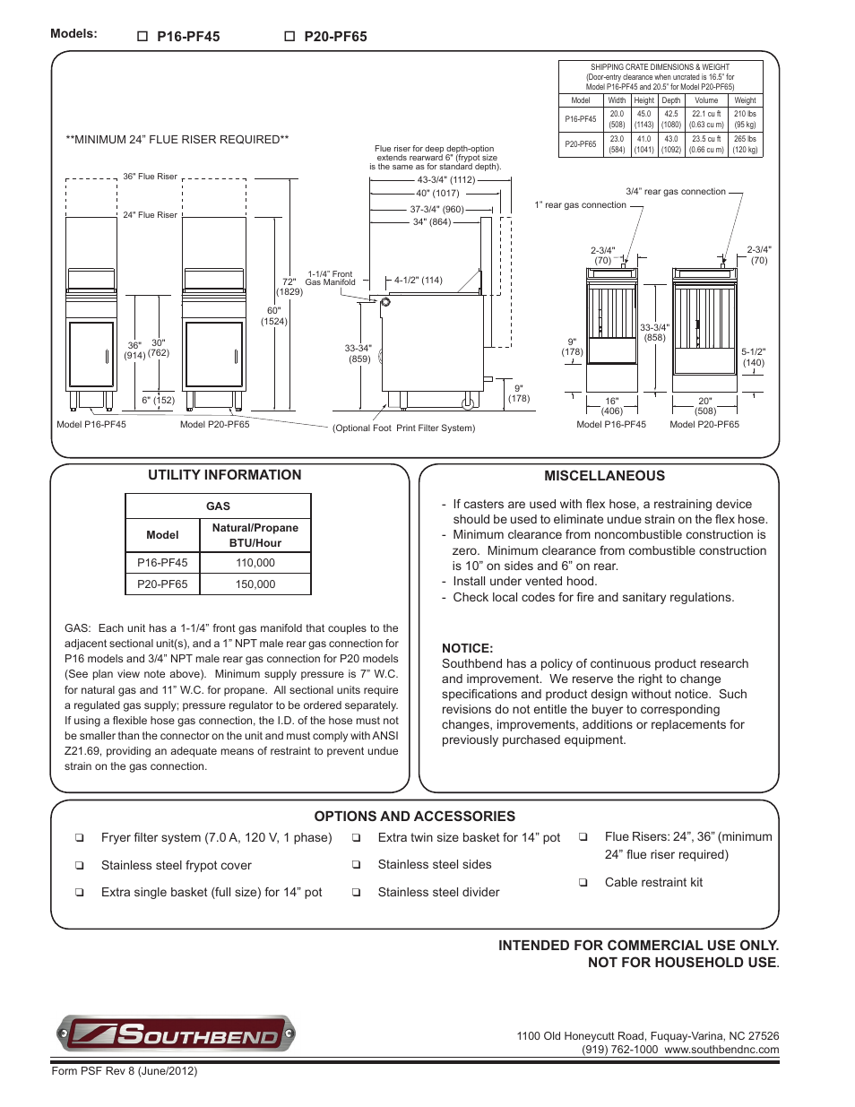 P16-pf45, Options and accessories, Miscellaneous utility information | Southbend 45lb User Manual | Page 2 / 2