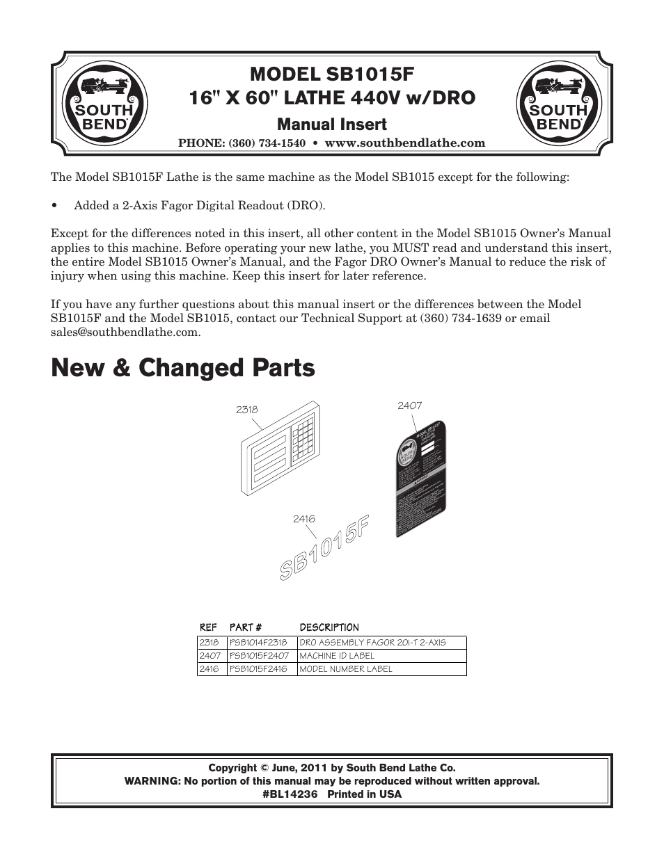 Southbend 16" x 60" Lathe 440V w/ Dro sb1015f User Manual | 148 pages