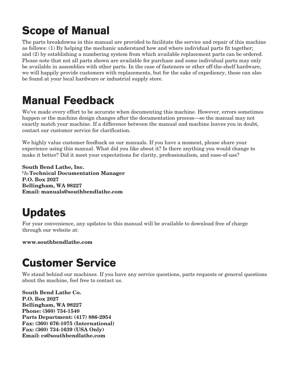 Customer service, Updates, Scope of manual | Manual feedback | Southbend 16" x 60" Lathe 440V w/ Dro sb1015f User Manual | Page 110 / 148