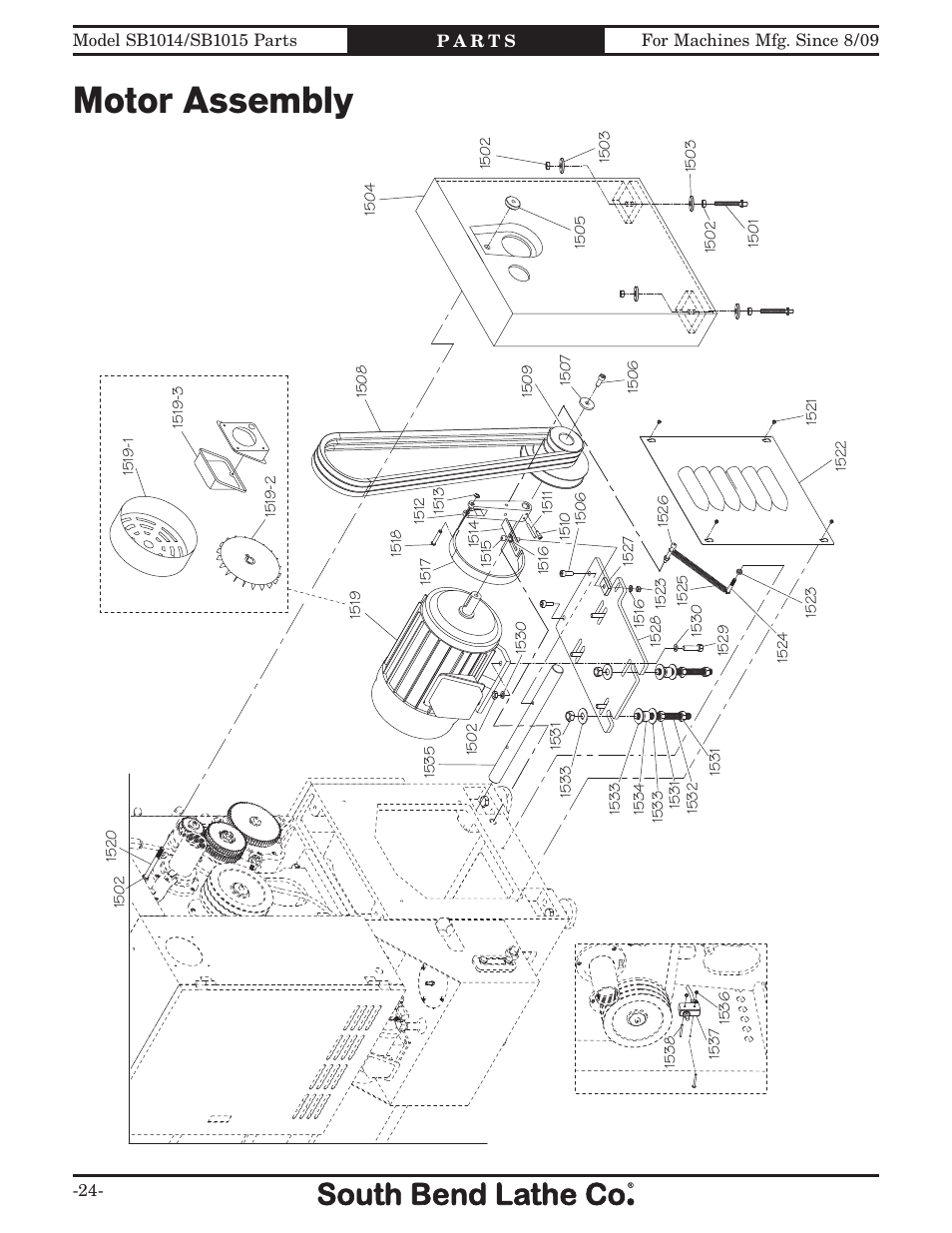 Motor assembly | Southbend 16" x 60" Lathe 440V w/ Dro sb1015f User Manual | Page 134 / 148