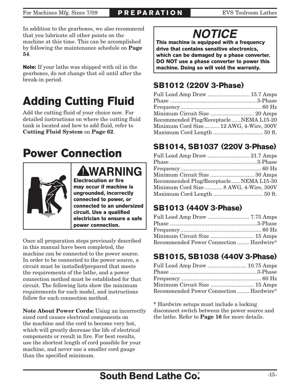 Power connection, Adding cutting fluid | Southbend 16" x 60" Lathe 440V w/ Dro sb1015f User Manual | Page 21 / 148