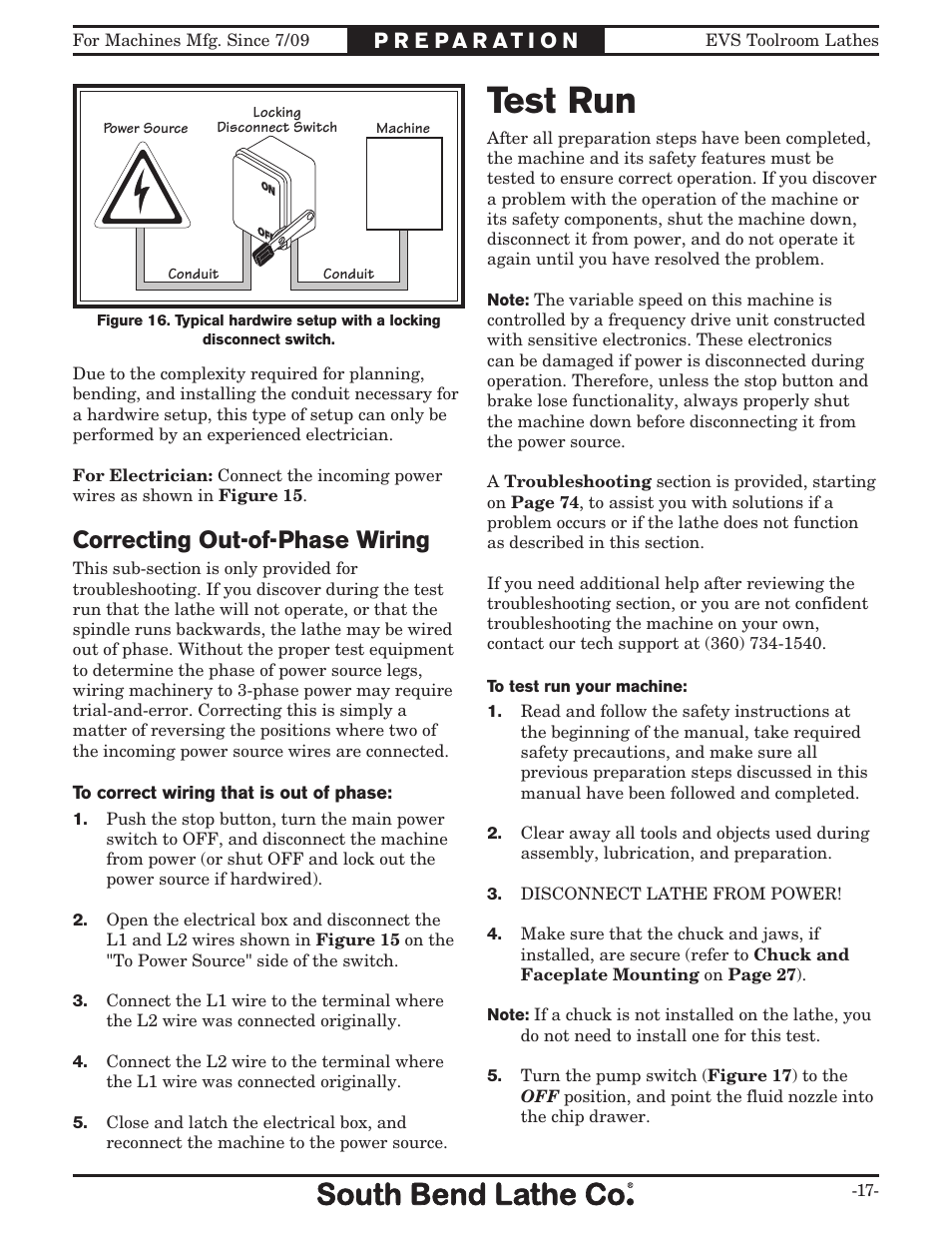 Test run, Correcting out-of-phase wiring | Southbend 16" x 60" Lathe 440V w/ Dro sb1015f User Manual | Page 23 / 148