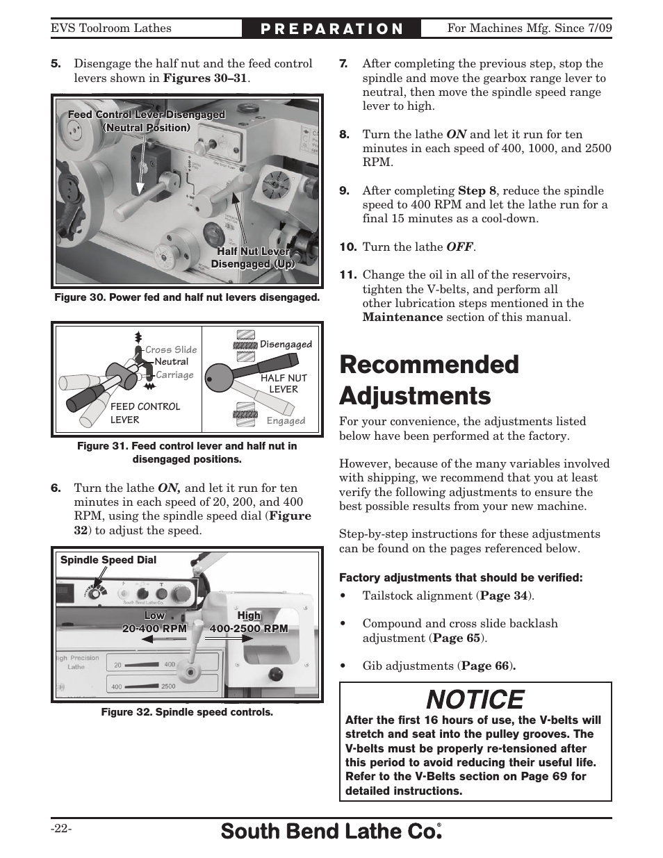 Recommended adjustments | Southbend 16" x 60" Lathe 440V w/ Dro sb1015f User Manual | Page 28 / 148