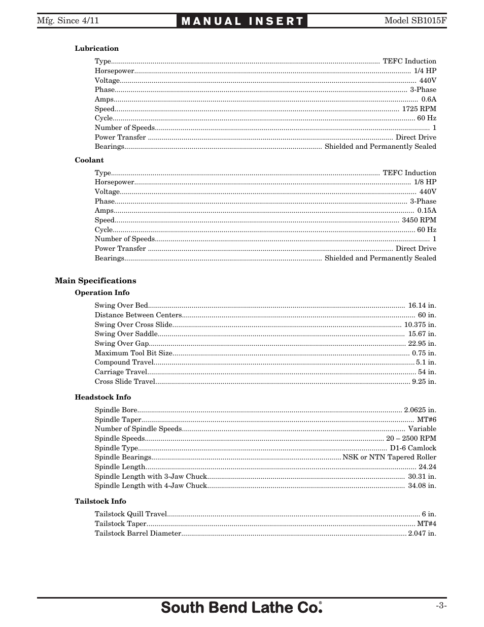 Southbend 16" x 60" Lathe 440V w/ Dro sb1015f User Manual | Page 3 / 148