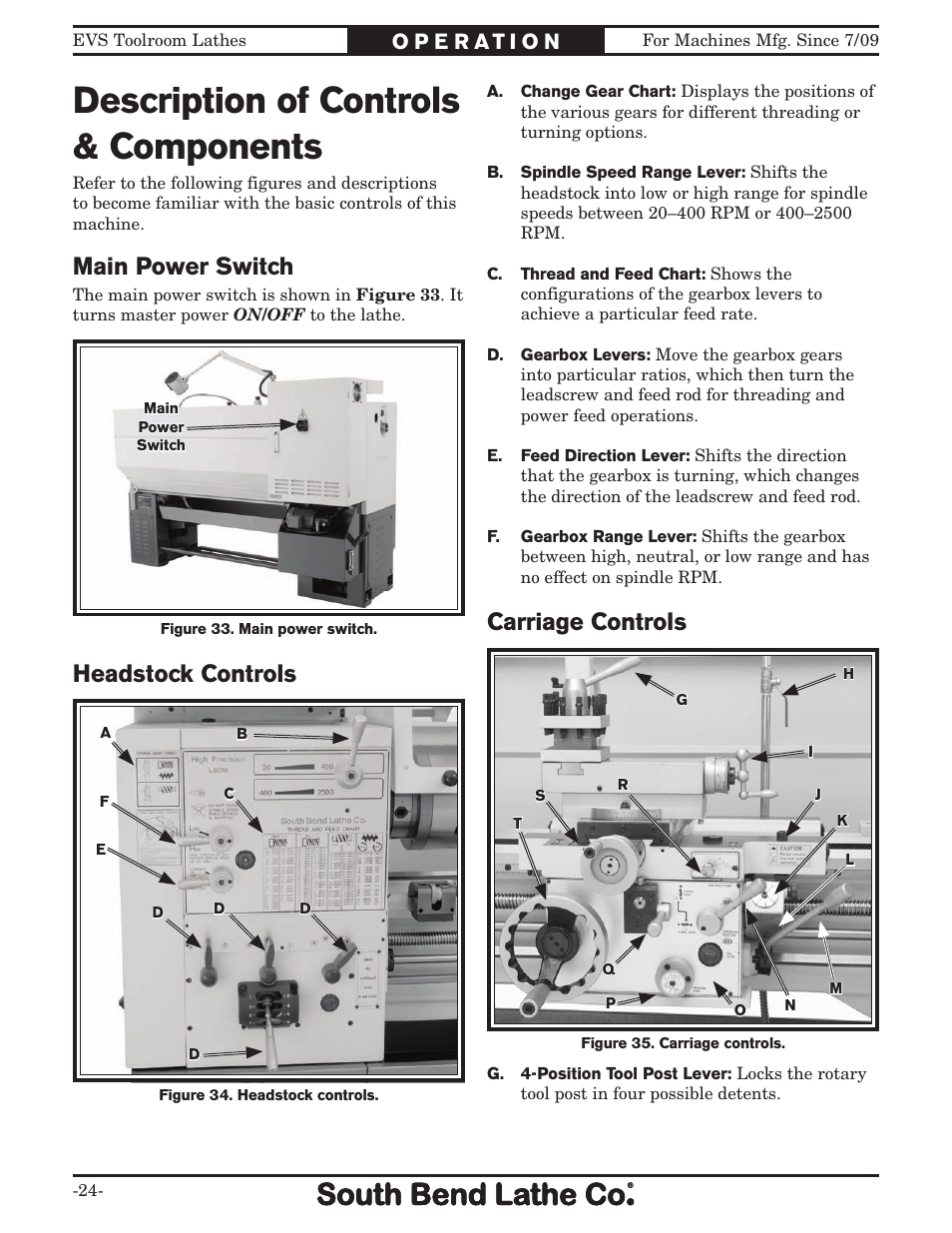 Description of controls & components, Main power switch, Carriage controls | Headstock controls | Southbend 16" x 60" Lathe 440V w/ Dro sb1015f User Manual | Page 30 / 148