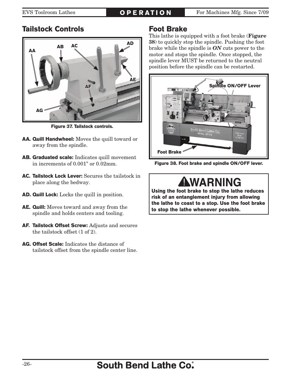 Tailstock controls foot brake | Southbend 16" x 60" Lathe 440V w/ Dro sb1015f User Manual | Page 32 / 148