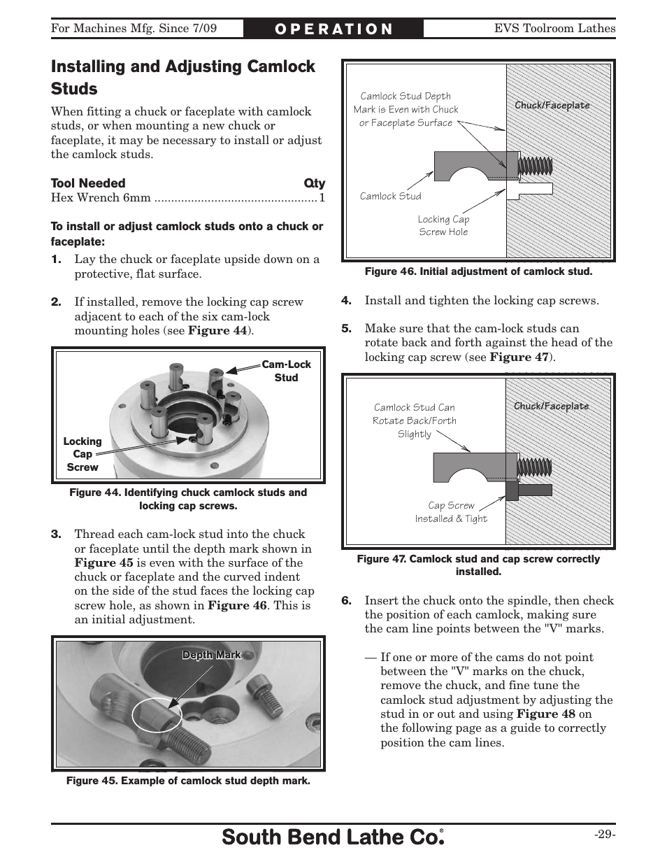 Installing and adjusting camlock studs | Southbend 16" x 60" Lathe 440V w/ Dro sb1015f User Manual | Page 35 / 148