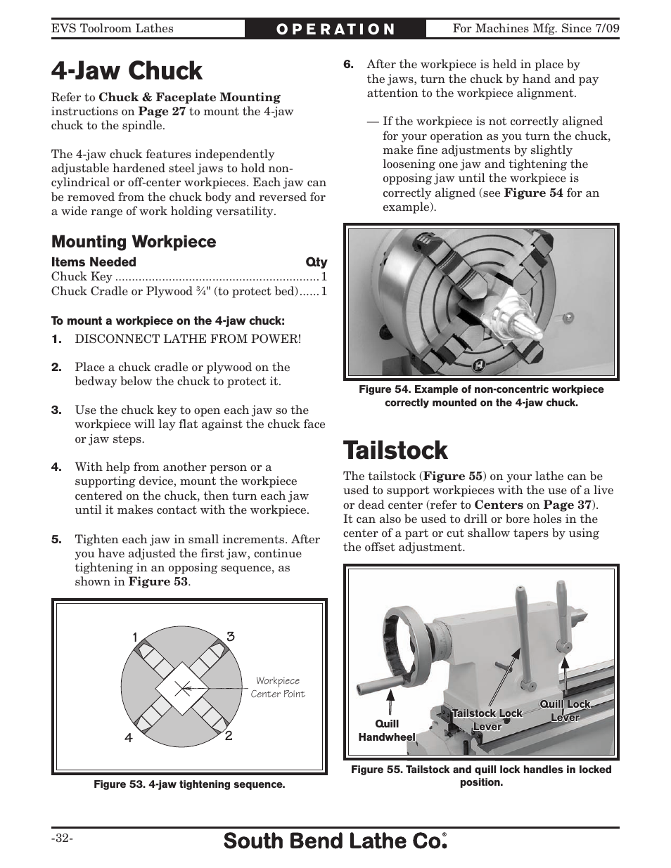 Jaw chuck, Tailstock, Mounting workpiece | Southbend 16" x 60" Lathe 440V w/ Dro sb1015f User Manual | Page 38 / 148