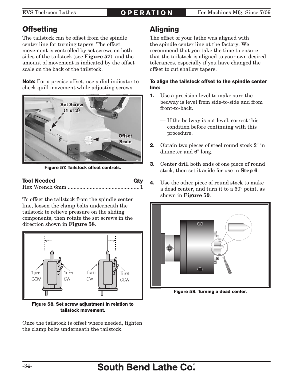 Offsetting, Aligning | Southbend 16" x 60" Lathe 440V w/ Dro sb1015f User Manual | Page 40 / 148