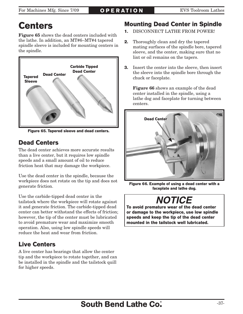 Centers, Mounting dead center in spindle, Dead centers | Live centers | Southbend 16" x 60" Lathe 440V w/ Dro sb1015f User Manual | Page 43 / 148