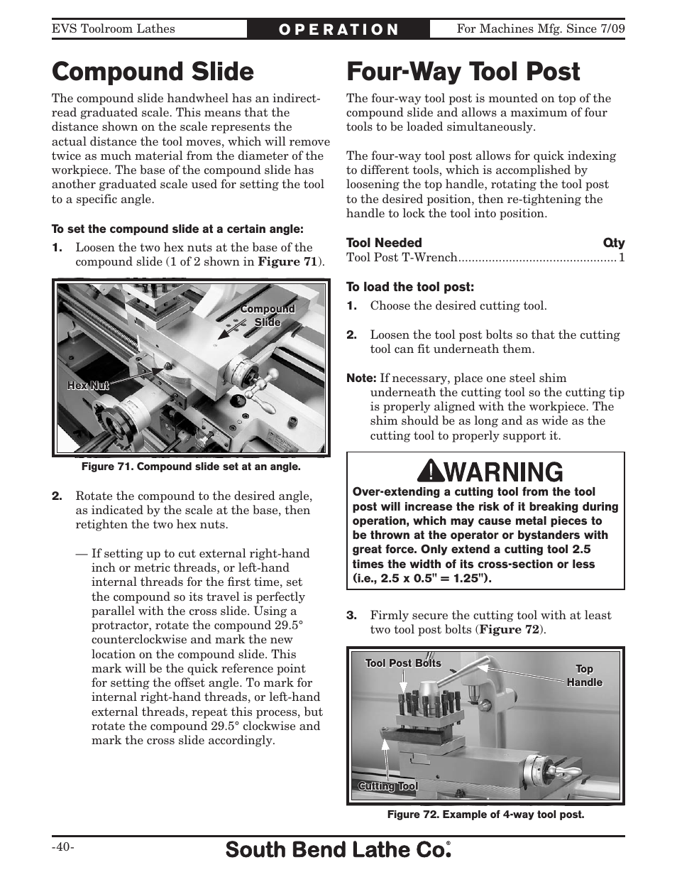 Compound slide, Four-way tool post | Southbend 16" x 60" Lathe 440V w/ Dro sb1015f User Manual | Page 46 / 148