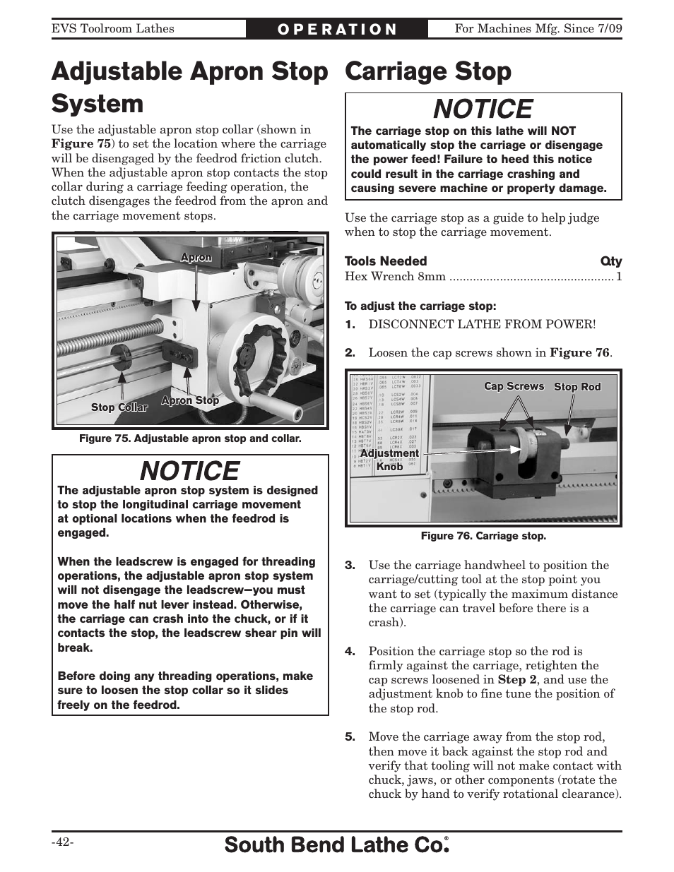 Adjustable apron stop system, Carriage stop | Southbend 16" x 60" Lathe 440V w/ Dro sb1015f User Manual | Page 48 / 148