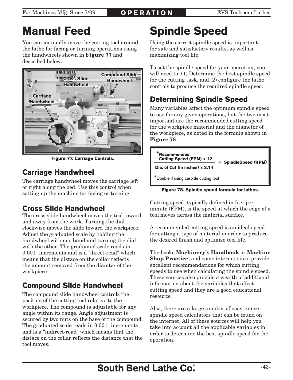 Manual feed, Spindle speed, Carriage handwheel | Cross slide handwheel, Compound slide handwheel, Determining spindle speed | Southbend 16" x 60" Lathe 440V w/ Dro sb1015f User Manual | Page 49 / 148