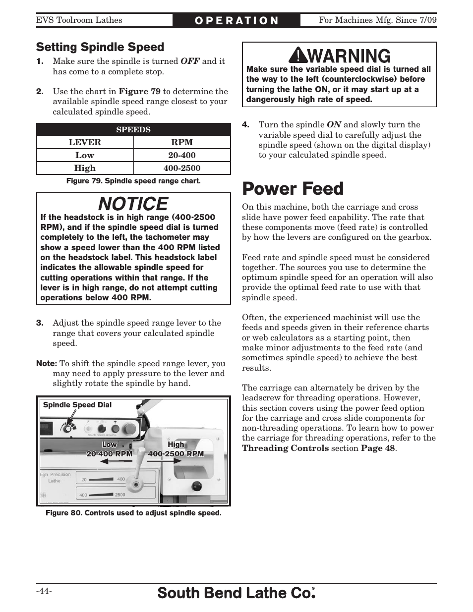 Power feed, Setting spindle speed | Southbend 16" x 60" Lathe 440V w/ Dro sb1015f User Manual | Page 50 / 148