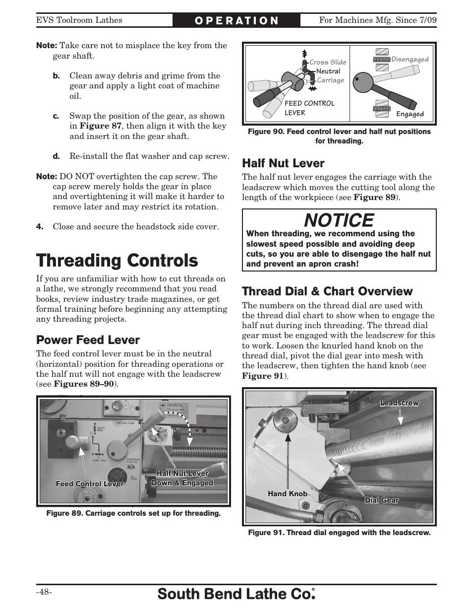 Threading controls, Half nut lever, Power feed lever | Thread dial & chart overview | Southbend 16" x 60" Lathe 440V w/ Dro sb1015f User Manual | Page 54 / 148