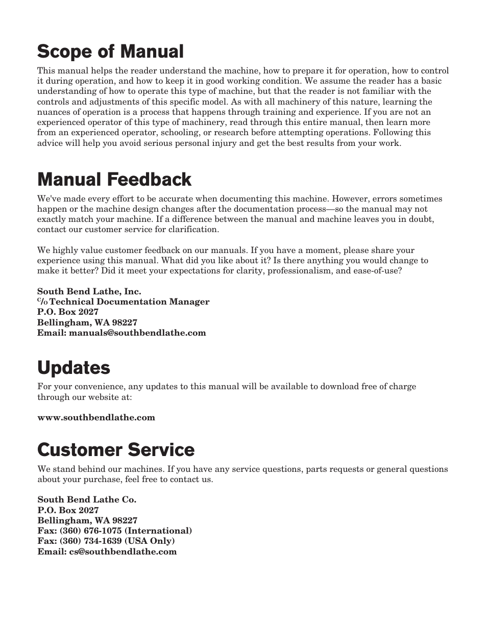 Customer service, Updates, Scope of manual | Manual feedback | Southbend 16" x 60" Lathe 440V w/ Dro sb1015f User Manual | Page 6 / 148