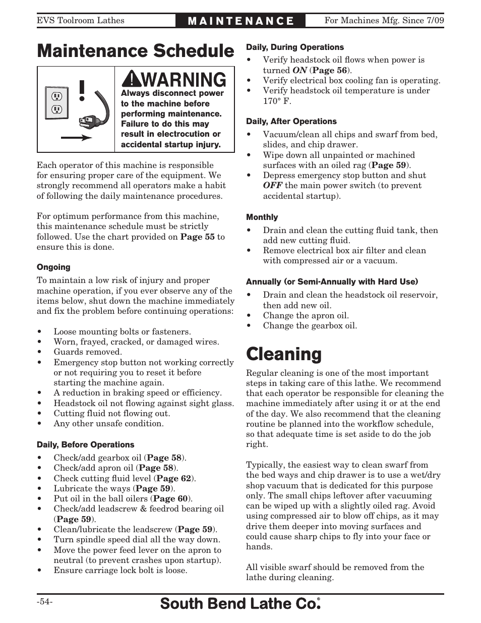 Maintenance schedule, Cleaning | Southbend 16" x 60" Lathe 440V w/ Dro sb1015f User Manual | Page 60 / 148