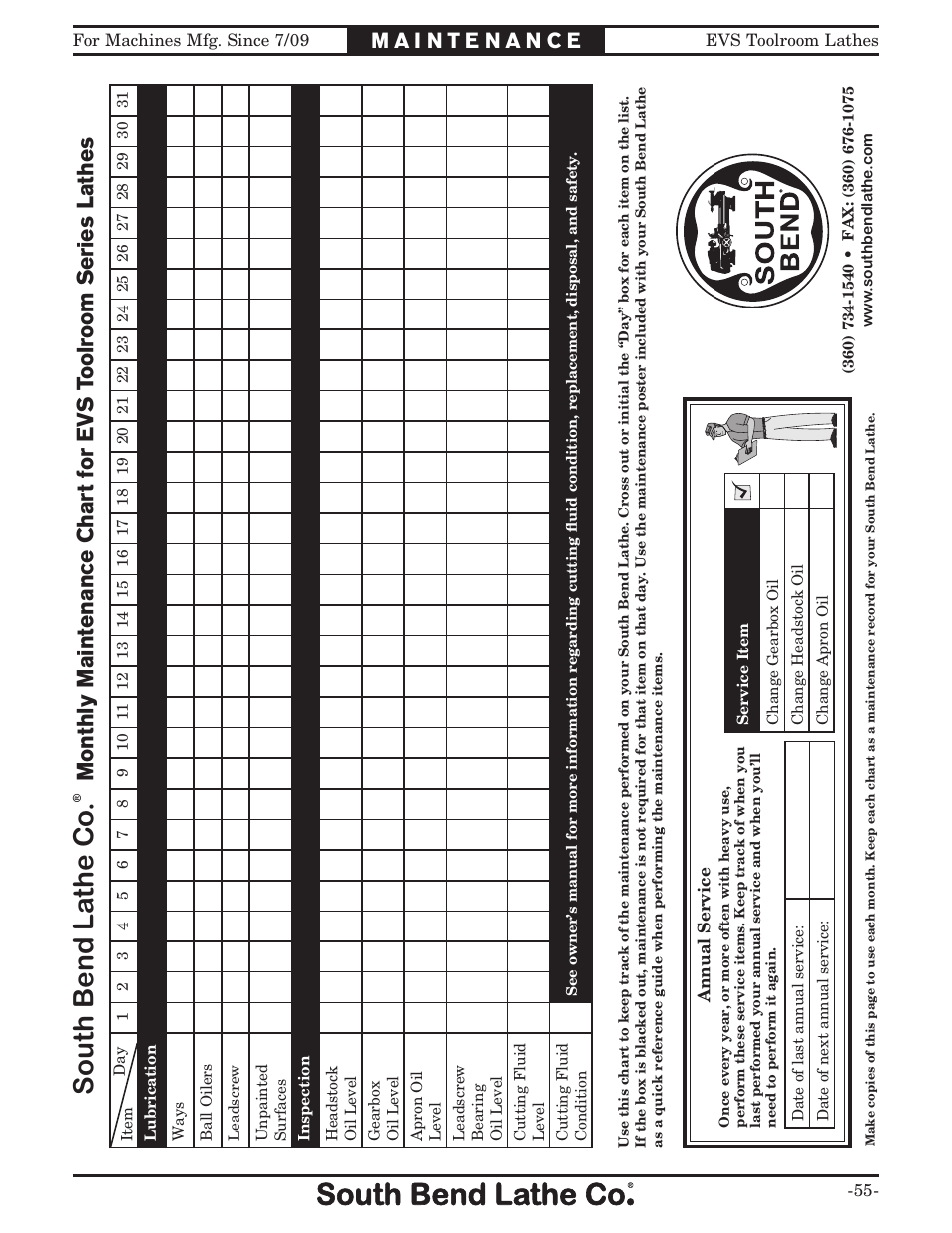 South bend la the co, Maintenance chart | Southbend 16" x 60" Lathe 440V w/ Dro sb1015f User Manual | Page 61 / 148