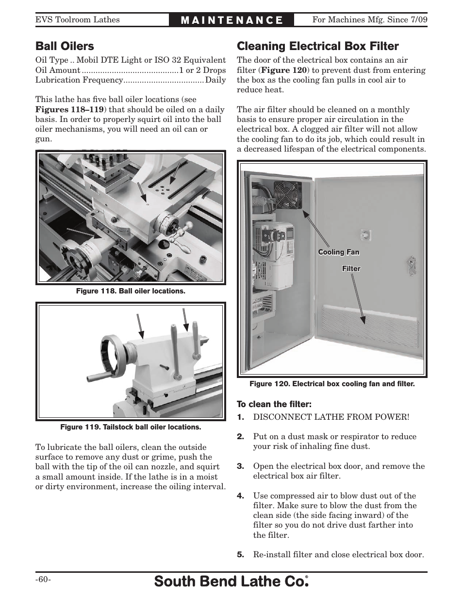 Ball oilers, Cleaning electrical box filter | Southbend 16" x 60" Lathe 440V w/ Dro sb1015f User Manual | Page 66 / 148