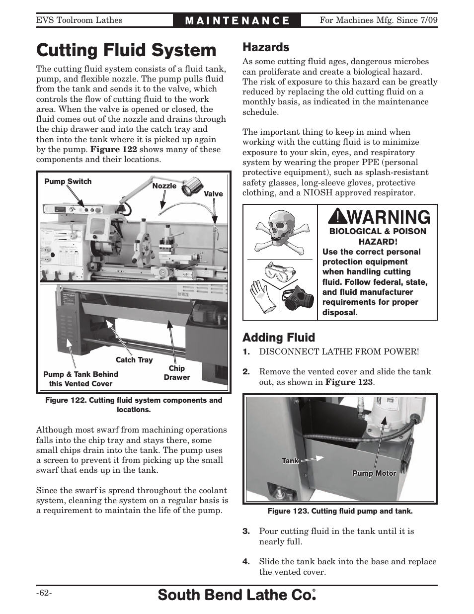 Cutting fluid system, Adding fluid, Hazards | Southbend 16" x 60" Lathe 440V w/ Dro sb1015f User Manual | Page 68 / 148