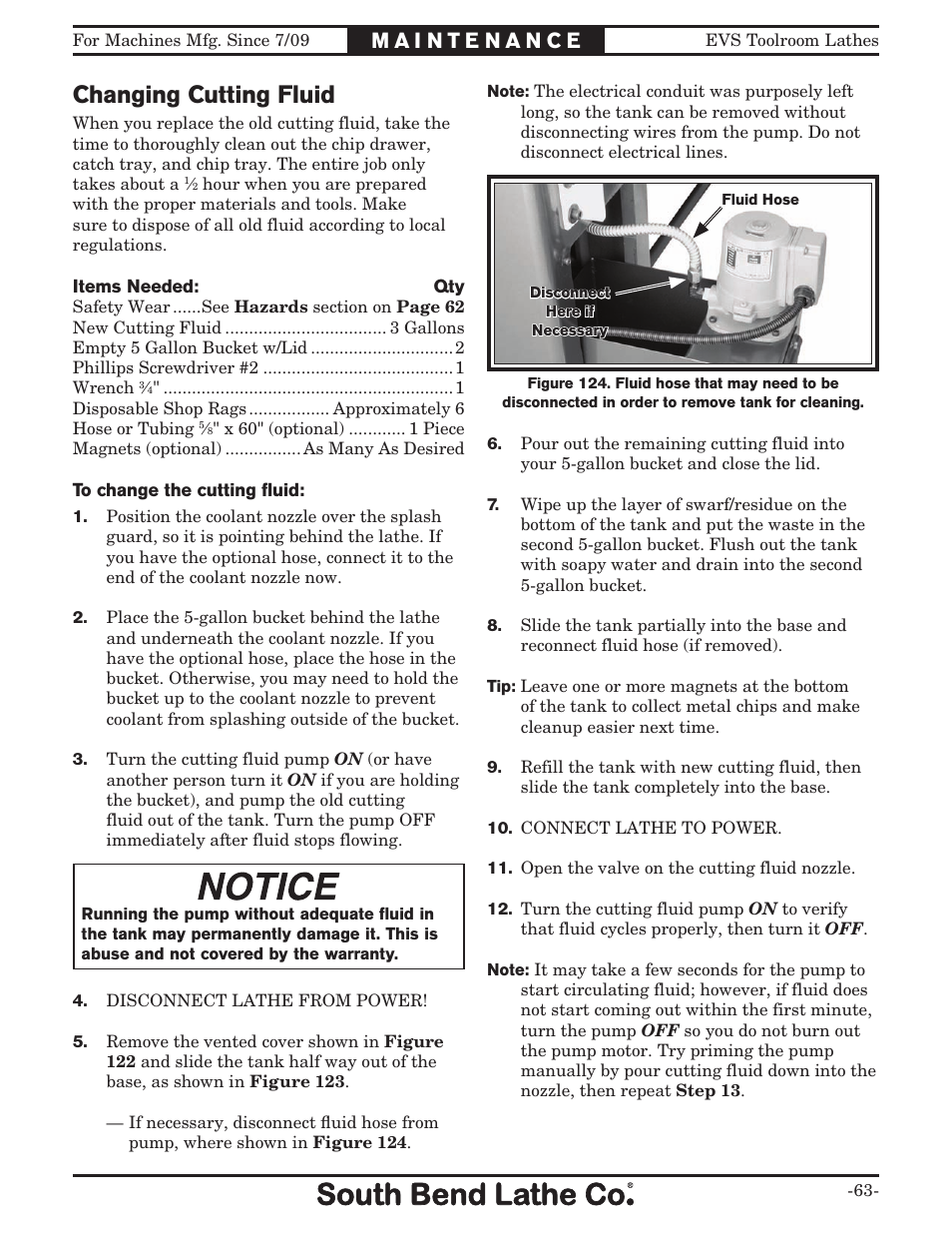 Changing cutting fluid | Southbend 16" x 60" Lathe 440V w/ Dro sb1015f User Manual | Page 69 / 148