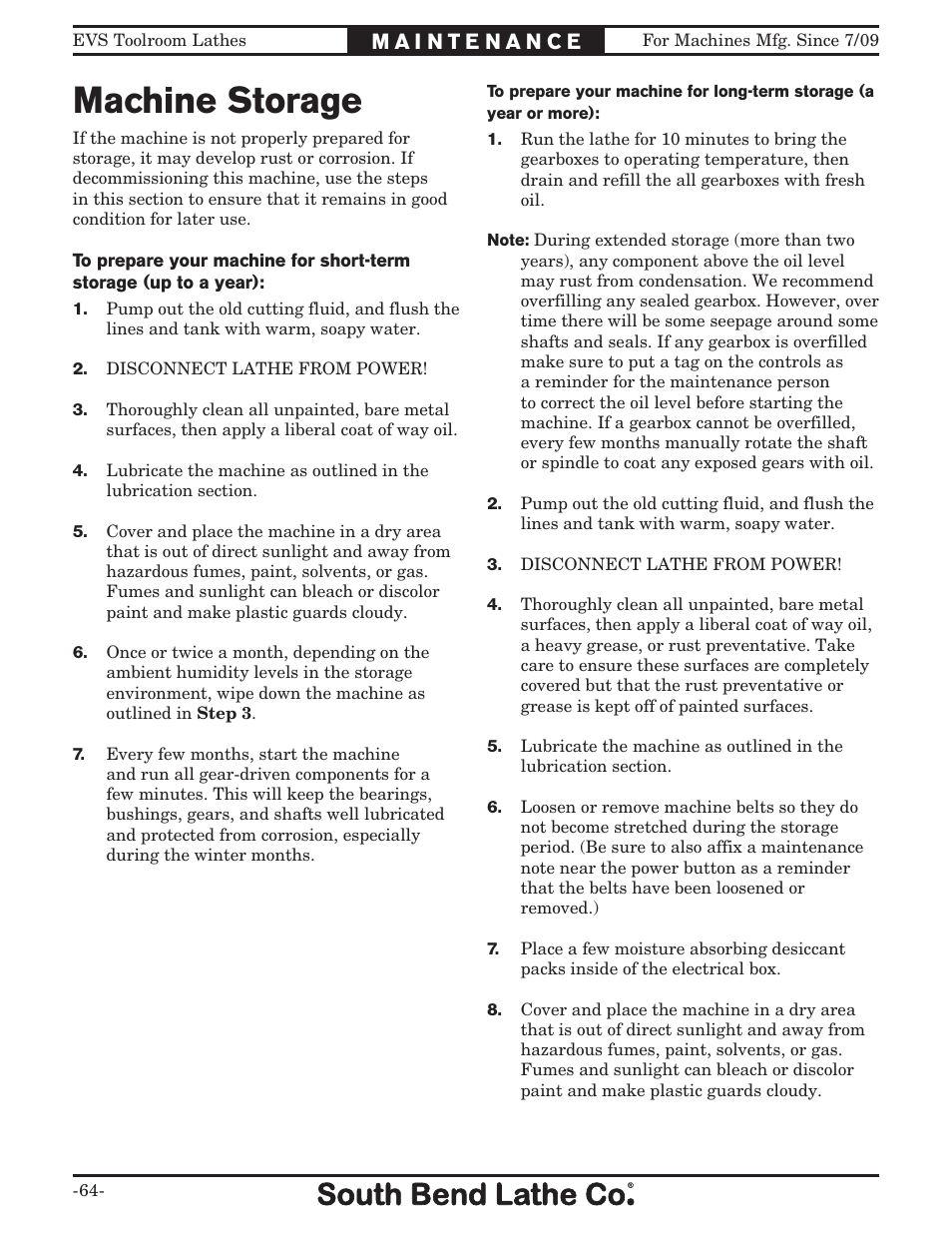 Machine storage | Southbend 16" x 60" Lathe 440V w/ Dro sb1015f User Manual | Page 70 / 148