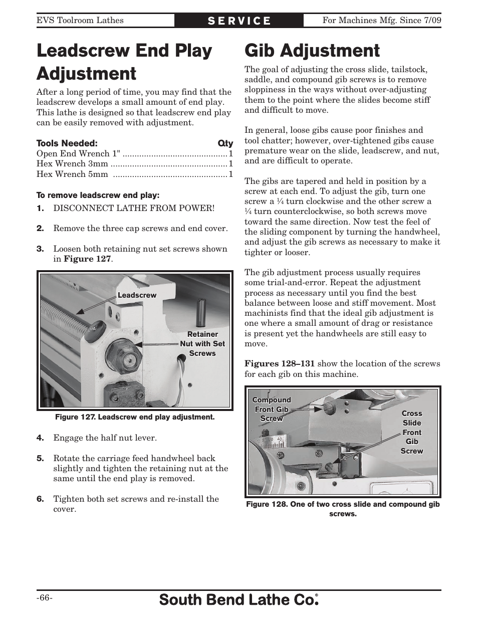 Leadscrew end play adjustment gib adjustment | Southbend 16" x 60" Lathe 440V w/ Dro sb1015f User Manual | Page 72 / 148