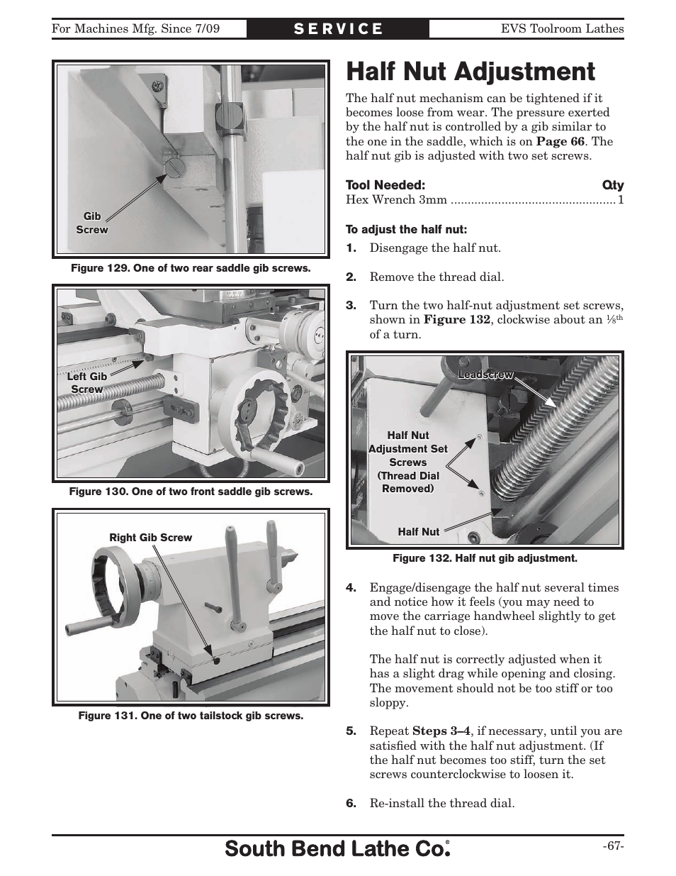 Half nut adjustment | Southbend 16" x 60" Lathe 440V w/ Dro sb1015f User Manual | Page 73 / 148