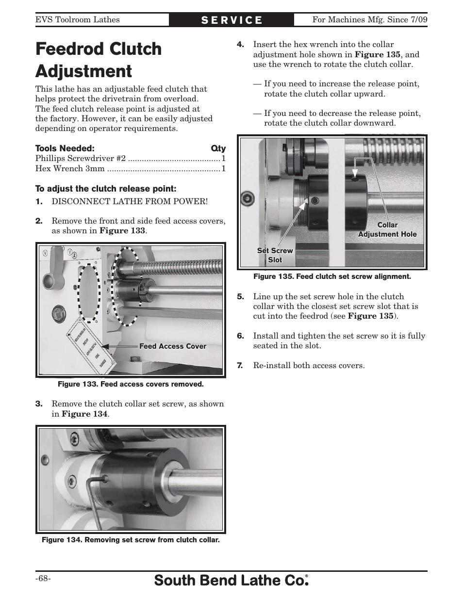 Feedrod clutch adjustment | Southbend 16" x 60" Lathe 440V w/ Dro sb1015f User Manual | Page 74 / 148