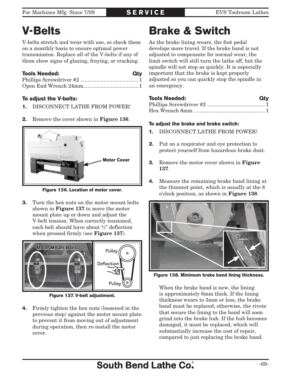 V-belts brake & switch | Southbend 16" x 60" Lathe 440V w/ Dro sb1015f User Manual | Page 75 / 148