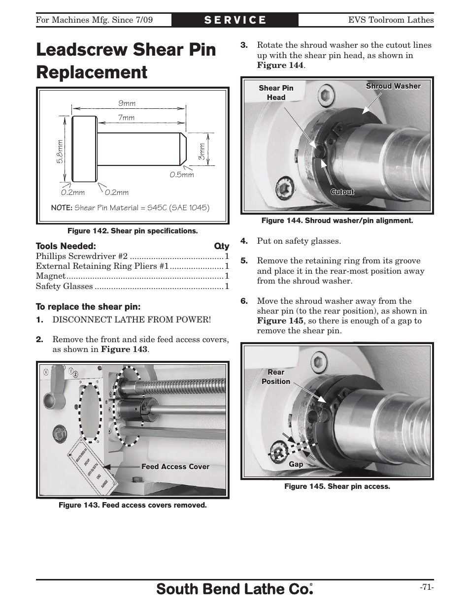 Leadscrew shear pin replacement | Southbend 16" x 60" Lathe 440V w/ Dro sb1015f User Manual | Page 77 / 148