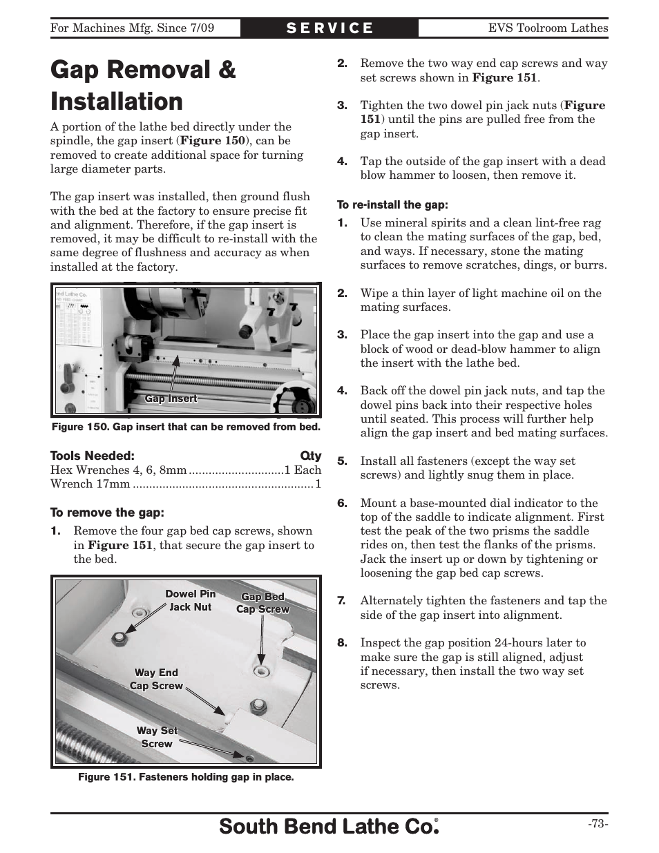 Gap removal & installation | Southbend 16" x 60" Lathe 440V w/ Dro sb1015f User Manual | Page 79 / 148