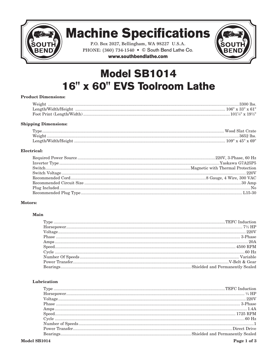 Machine specifications | Southbend 16" x 60" Lathe 440V w/ Dro sb1015f User Manual | Page 86 / 148