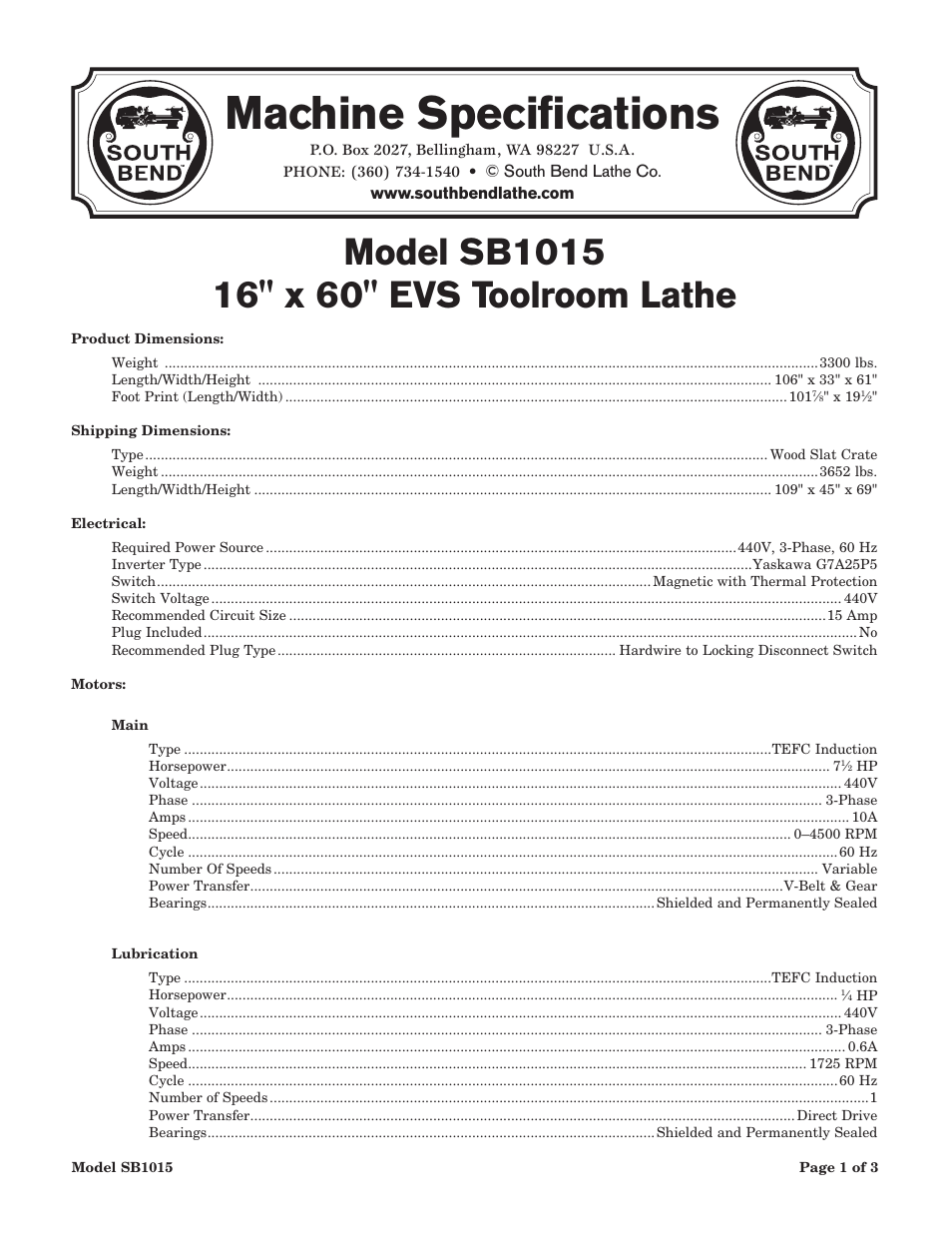 Machine specifications | Southbend 16" x 60" Lathe 440V w/ Dro sb1015f User Manual | Page 89 / 148