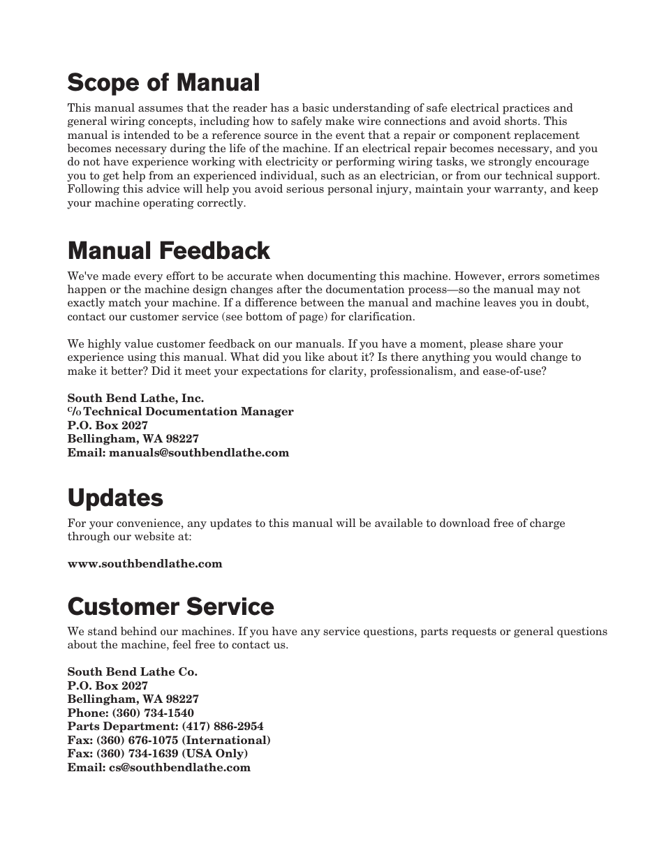 Customer service, Updates, Scope of manual | Manual feedback | Southbend 16" x 60" Lathe 440V w/ Dro sb1015f User Manual | Page 94 / 148