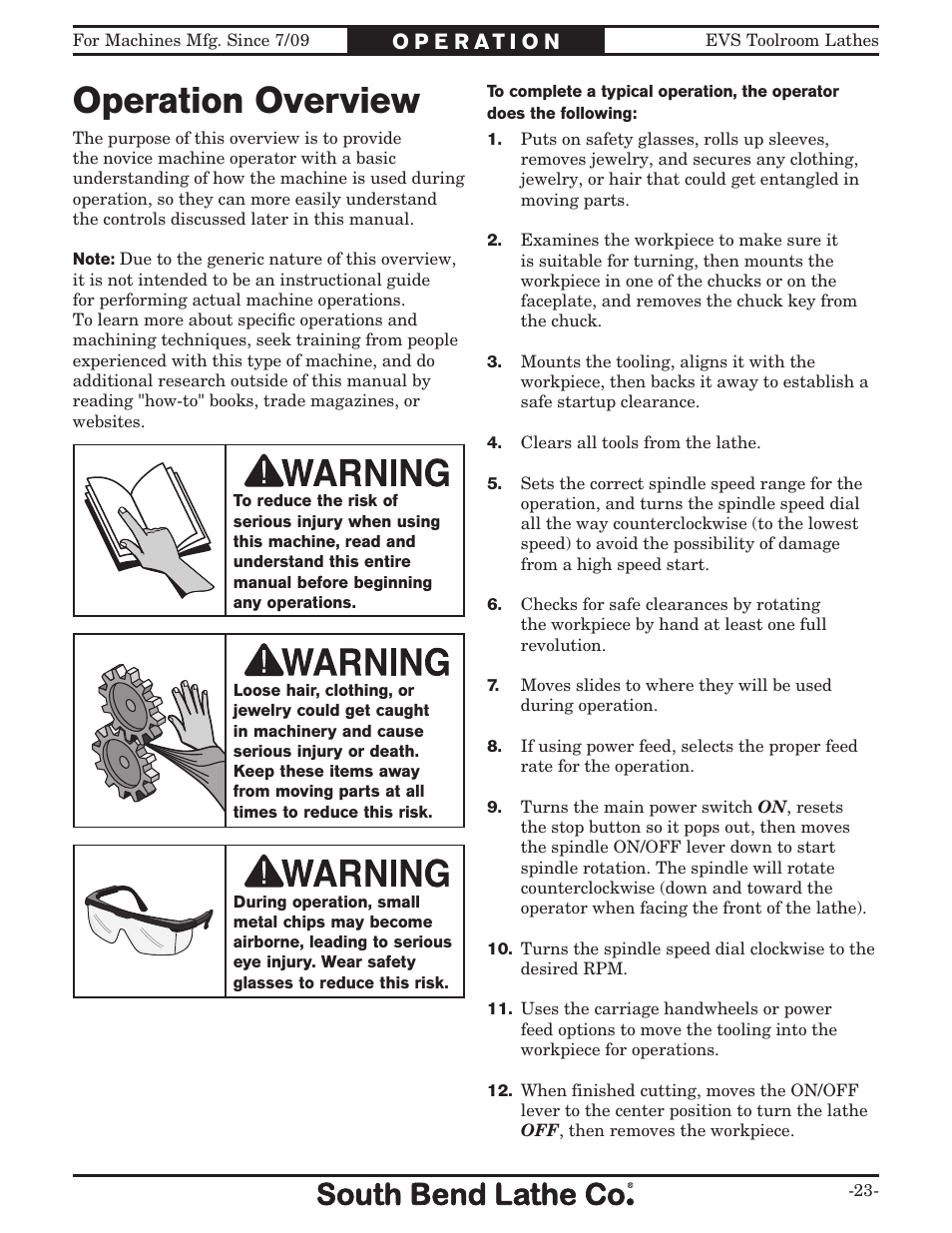 Operation overview | Southbend SB1037 User Manual | Page 25 / 80