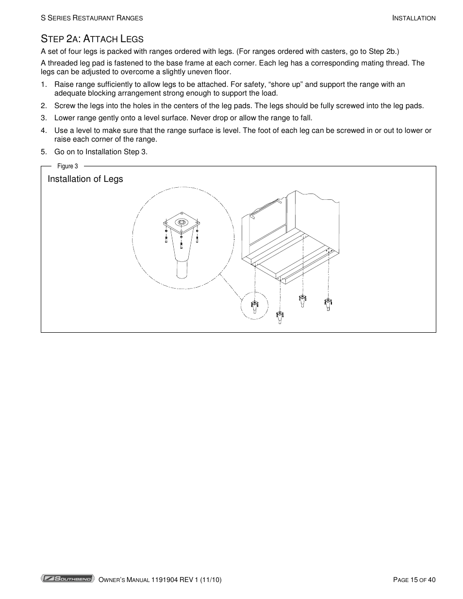 Installation of legs | Southbend S36D User Manual | Page 15 / 40