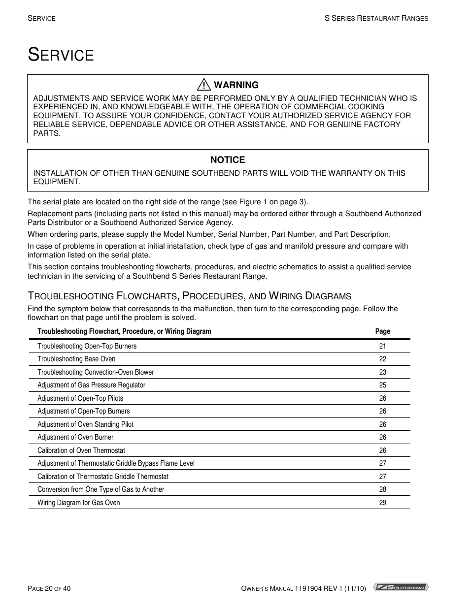 Ervice | Southbend S36D User Manual | Page 20 / 40