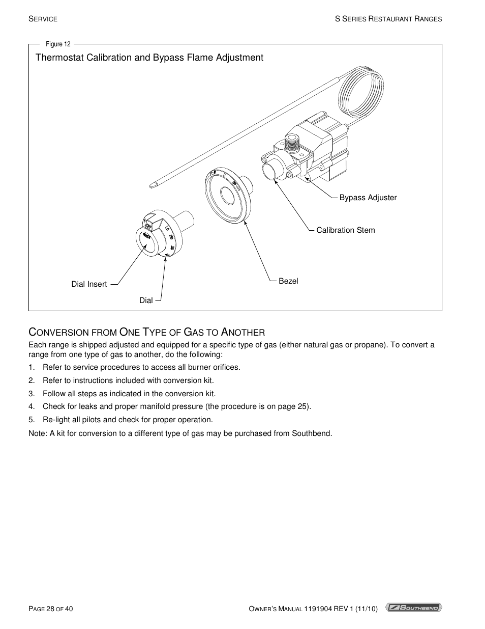 Thermostat calibration and bypass flame adjustment | Southbend S36D User Manual | Page 28 / 40