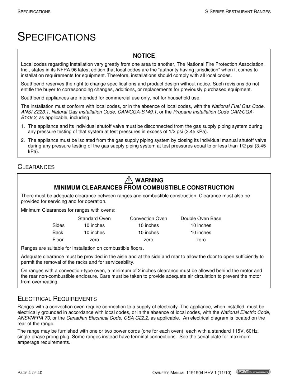 Pecifications | Southbend S36D User Manual | Page 4 / 40