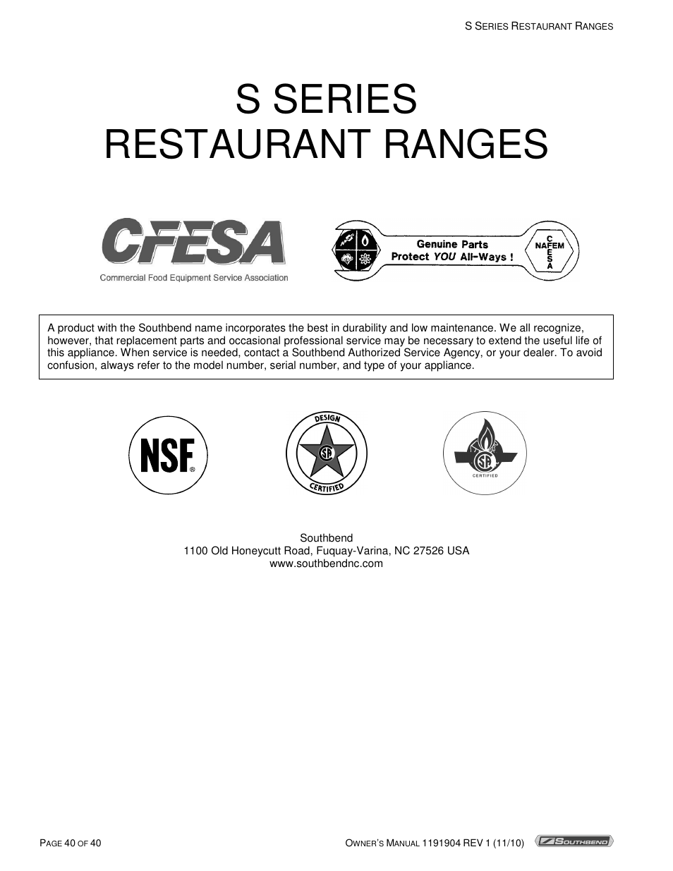 S series restaurant ranges | Southbend S36D User Manual | Page 40 / 40