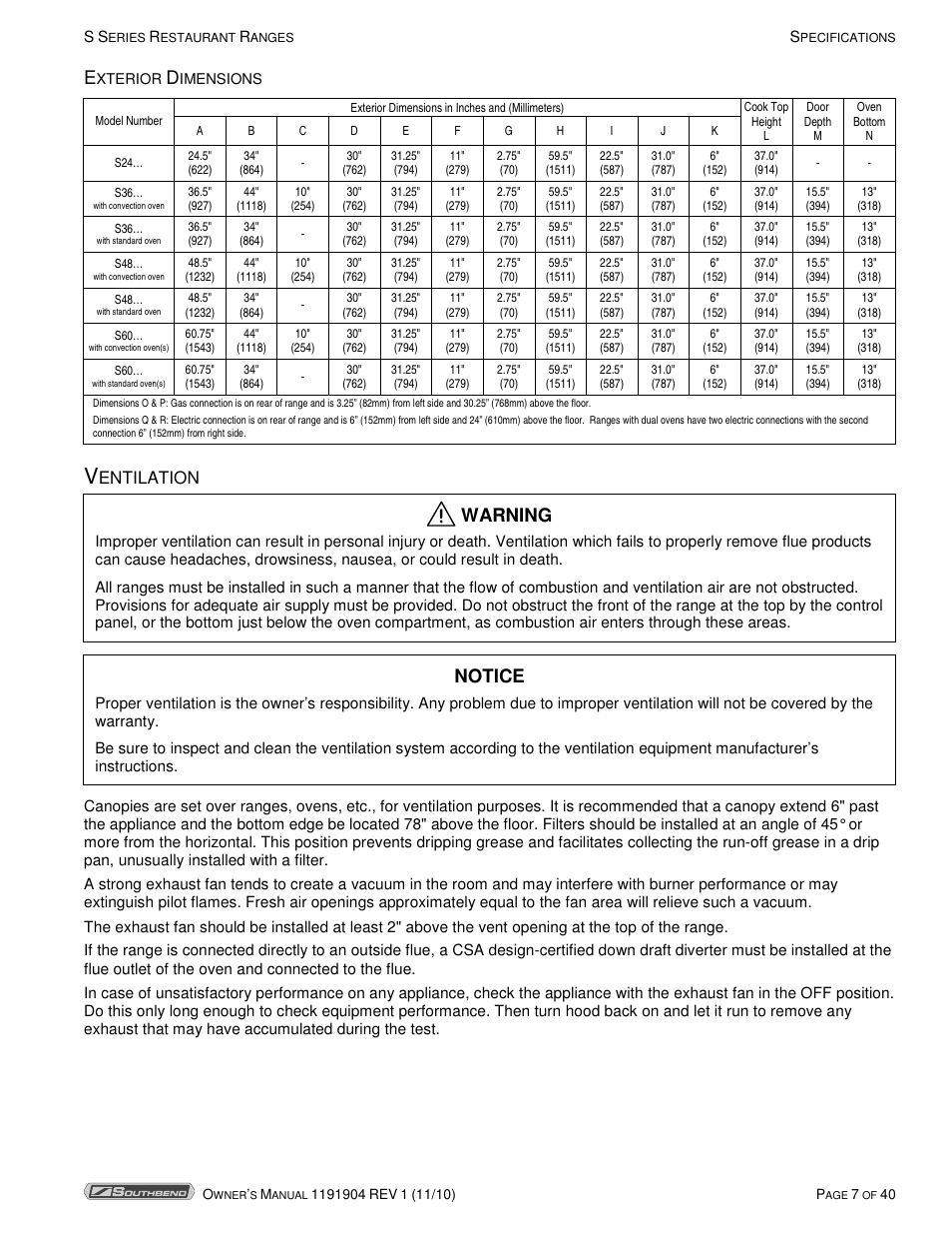 Warning, Notice, Entilation | Southbend S36D User Manual | Page 7 / 40