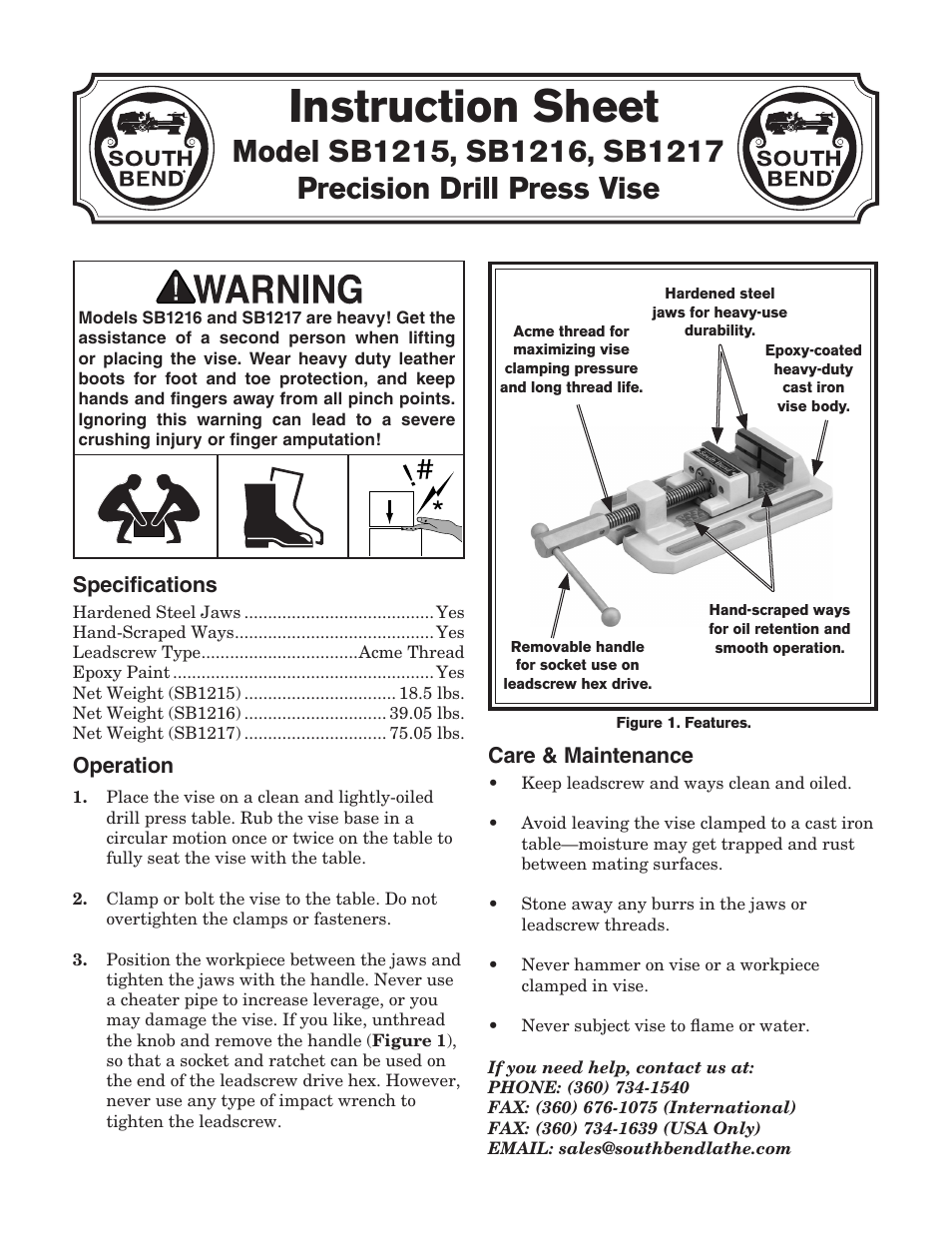 Southbend Precision Press Vise SB1215 User Manual | 2 pages