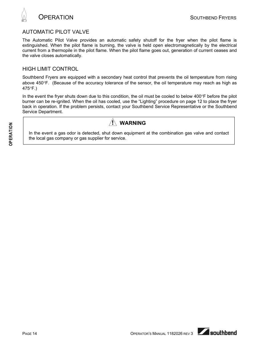 Automatic pilot valve, High limit control, Peration | Southbend 35-Pound Fryer User Manual | Page 14 / 40