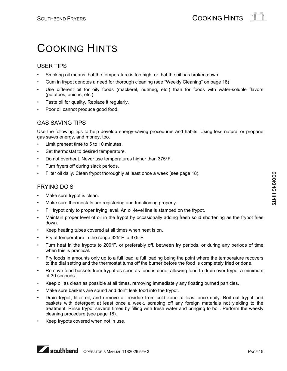 Cooking hints, User tips, Gas saving tips | Frying do's, Ooking, Ints | Southbend 35-Pound Fryer User Manual | Page 15 / 40